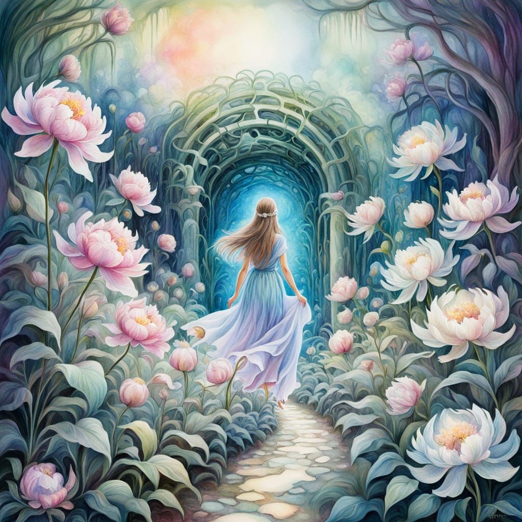 Peony Labyrinth: Dreamy Watercolor Fantasy Art