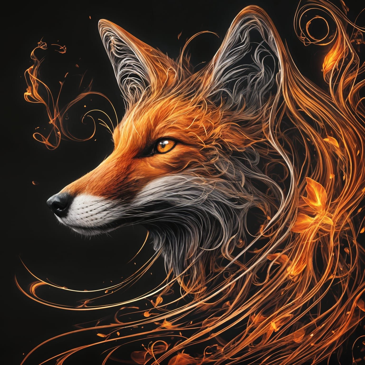 Stylized Fire Fox Striding on Black Background