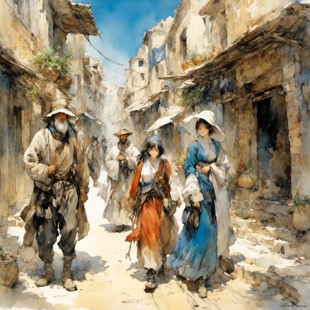 Pilgrims on Ancient Jerusalem Street in Anime Style