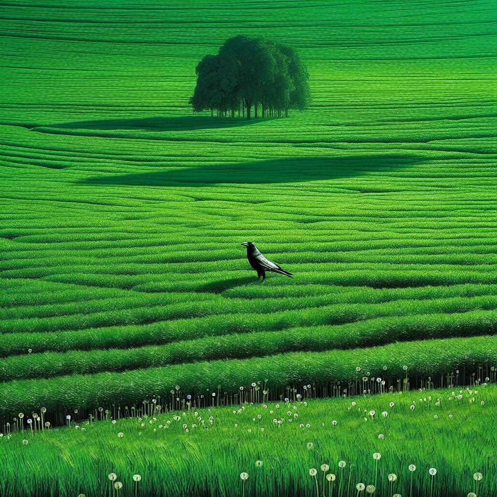 Single Crow in Endless Emerald Field