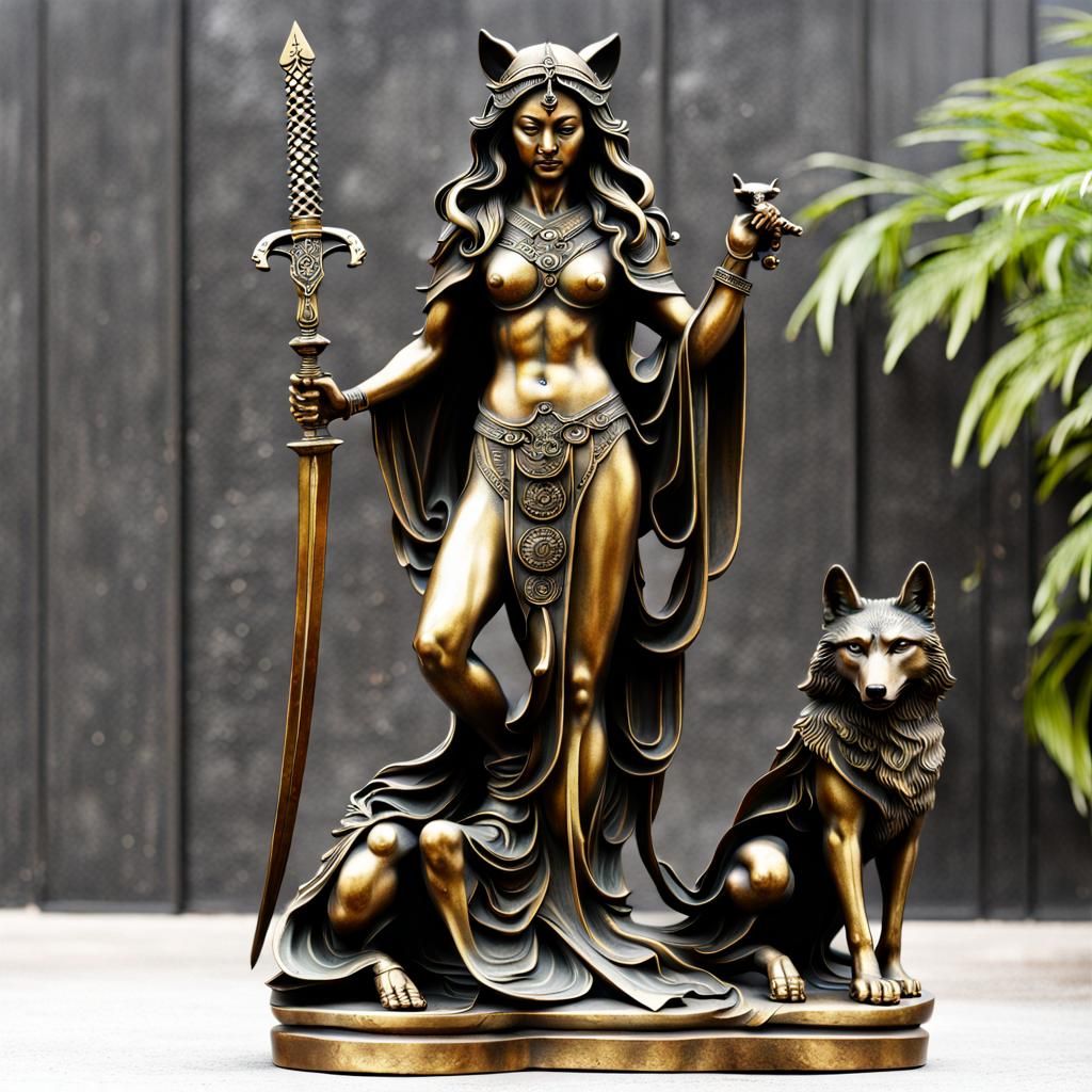 Wild Woman and Wolf Bronze Statue