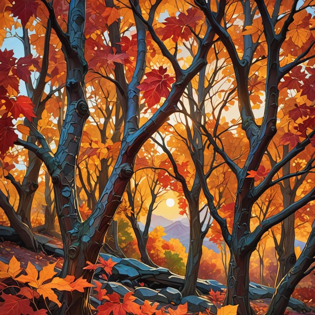 Autumn Valley Sunset in Vivid Digital Art Style