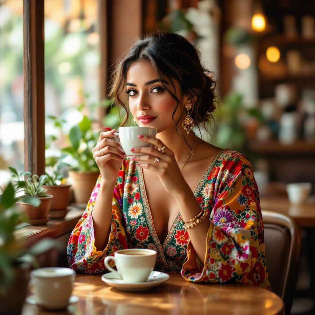 Serene Indian Woman in Cafe, Art Nouveau Style
