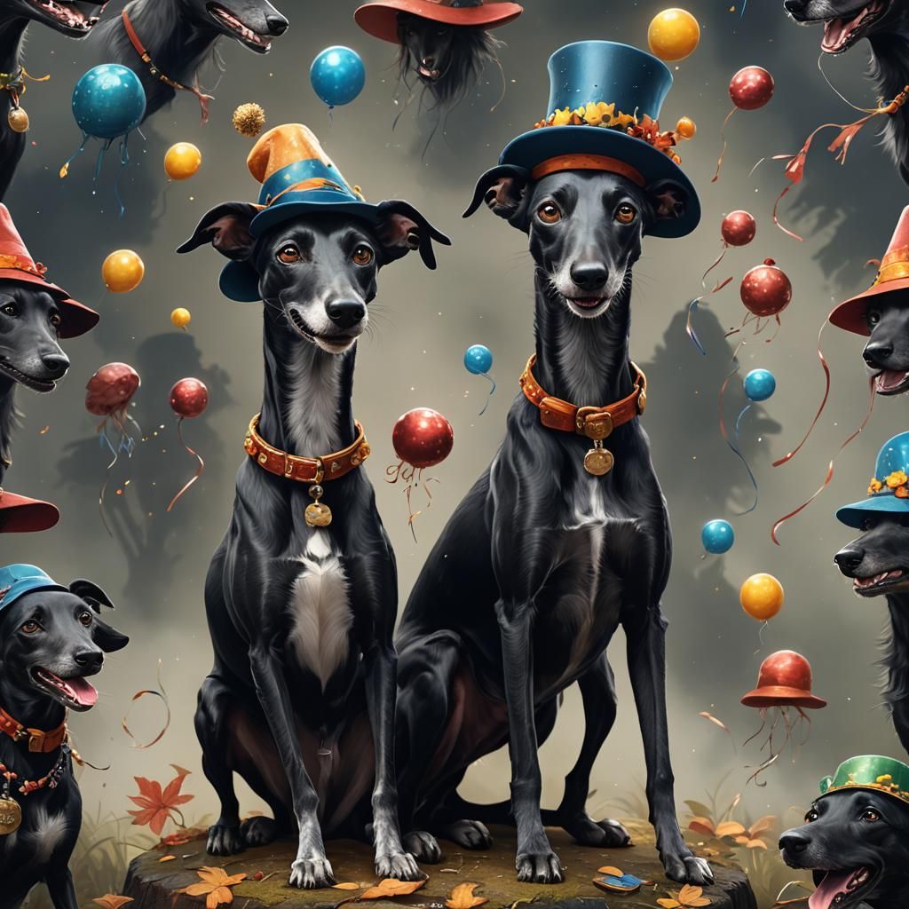 Happy Greyhound Dog in Hat, Digital Art