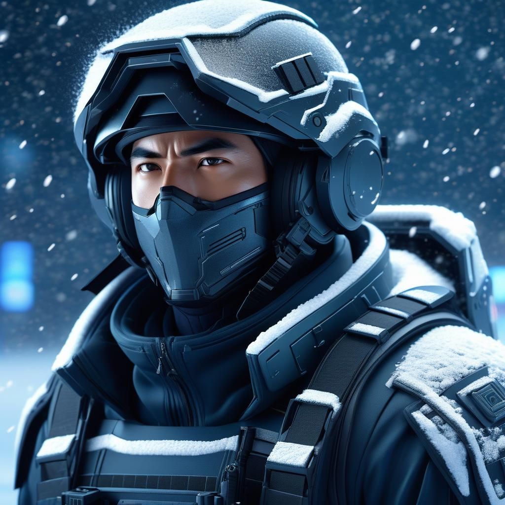 Scifi Soldier Anime Boy in a snow storm...