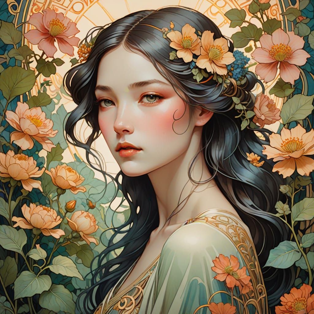 Serene Art Nouveau Beauty in Lush Greenery