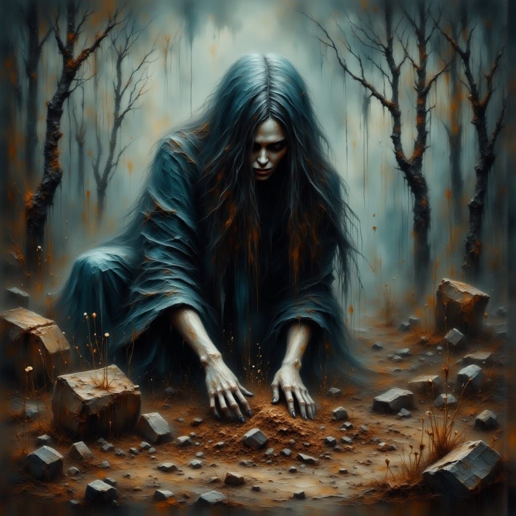 Witch's Ritual in Misty Graveyard