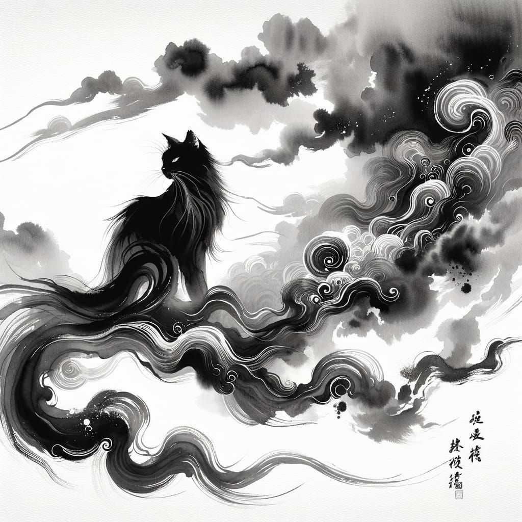 Chinese Watercolor Black Cat with Ink Celestial Patterns