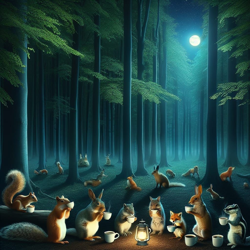 Whimsical Forest Creatures Savor Coffee Under Moonlight