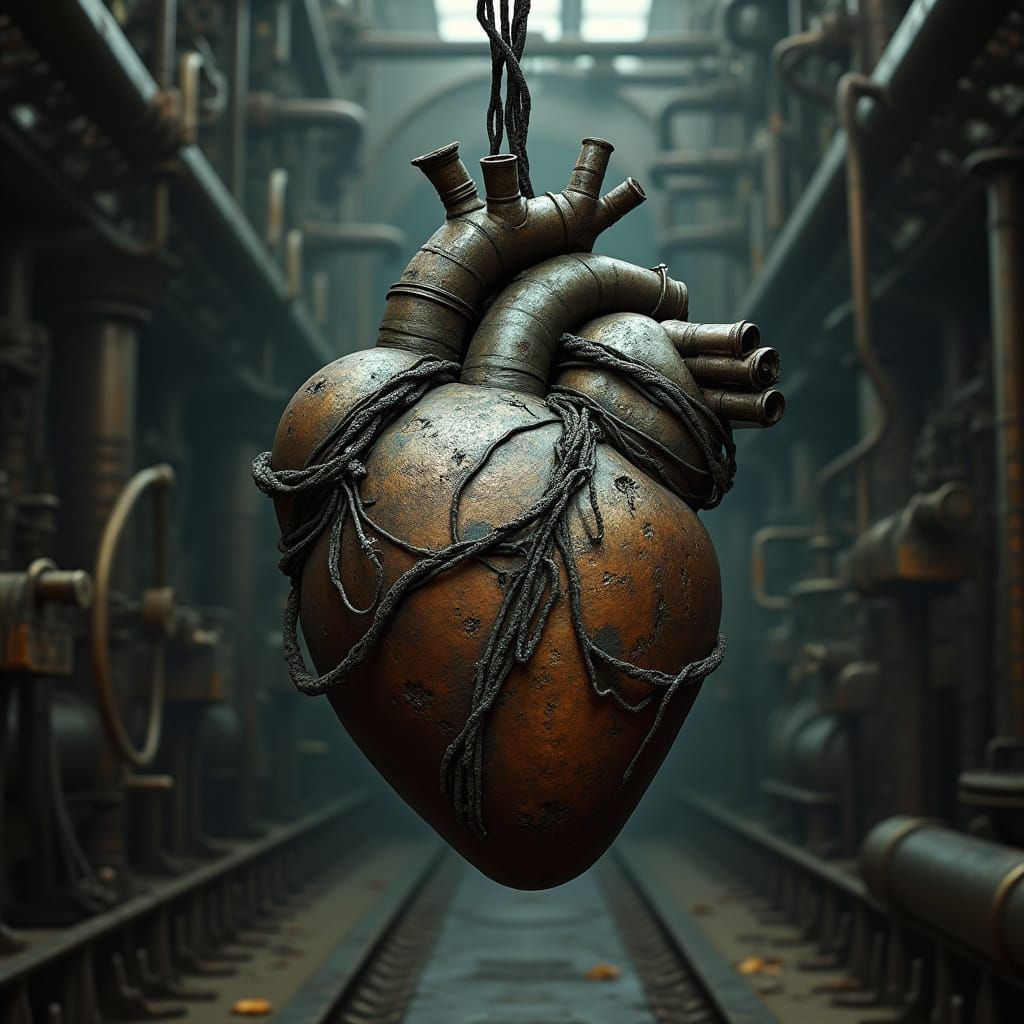 Corroded Metallic Heart in Industrial Chamber