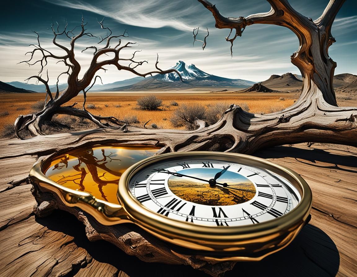 Surreal Melting Clocks in Drought Landscape, Dali Style