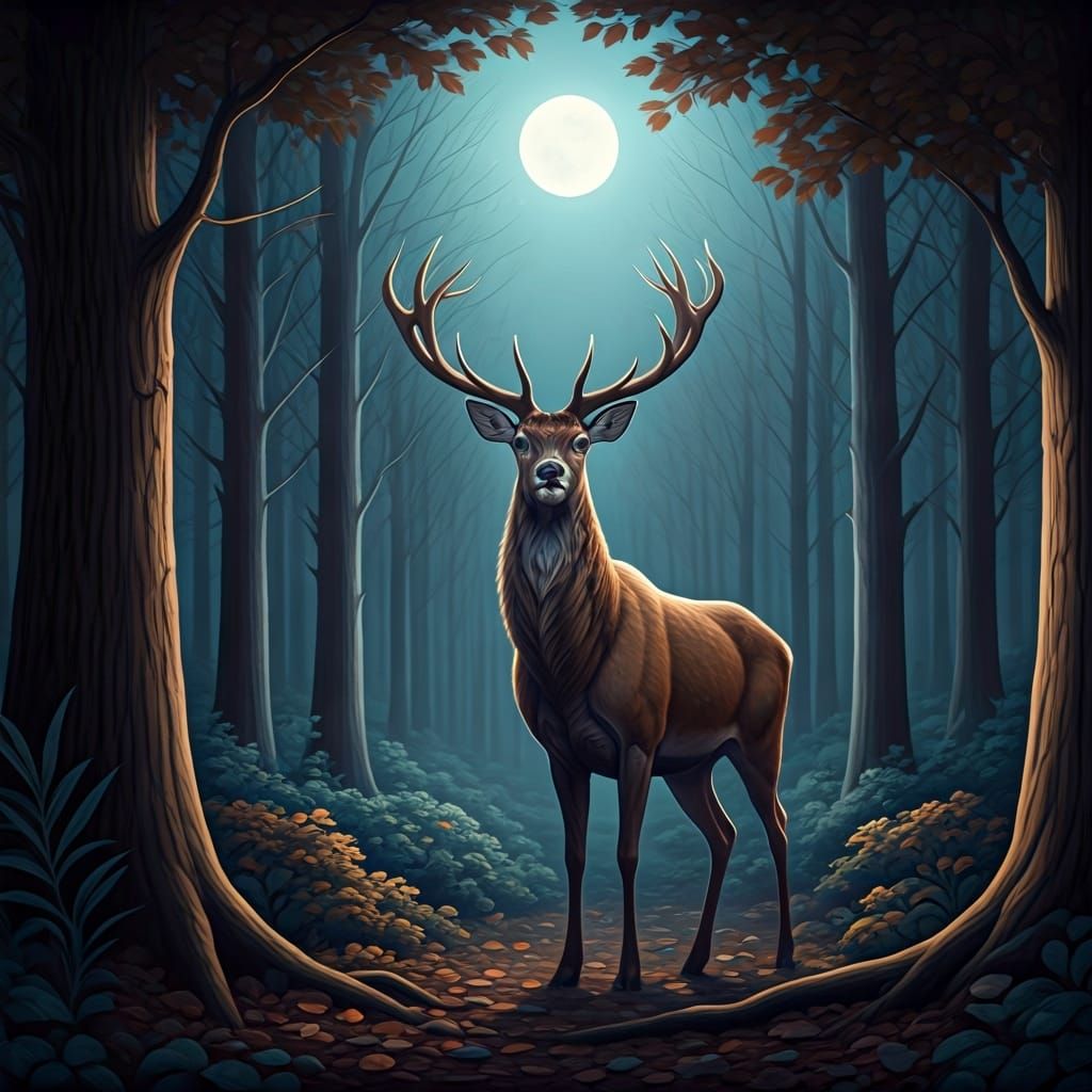 Majestic Deer in Moonlight: Impressionist Forest Scene