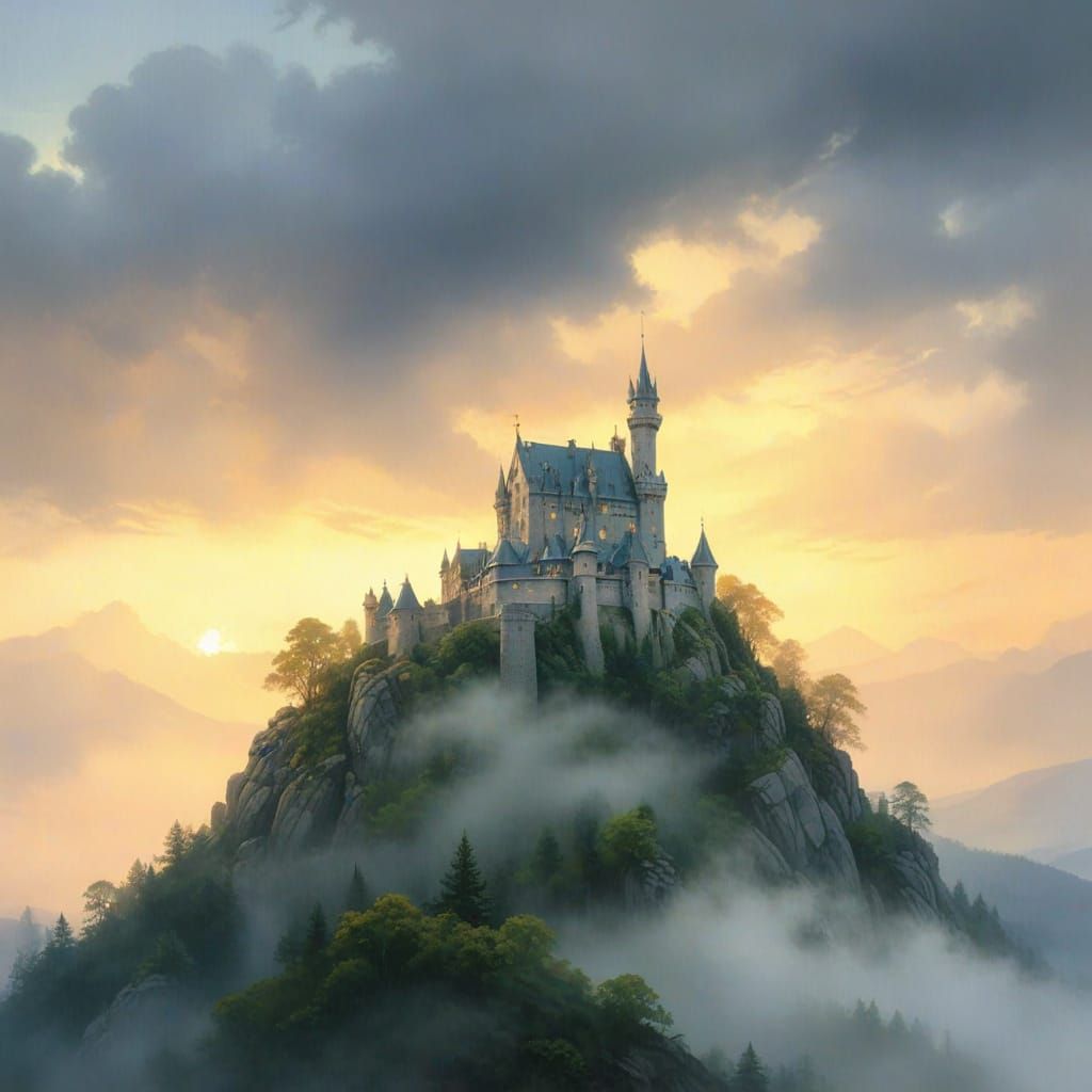 Ethereal Fantasy Castle Amidst Stormy Skies