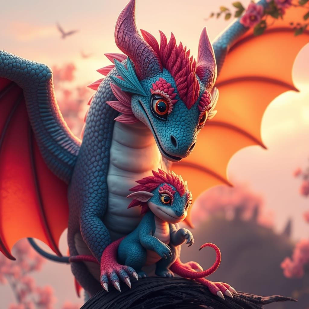 Vibrant Rainbow Dragon Embracing a Little Girl in a Whimsica...