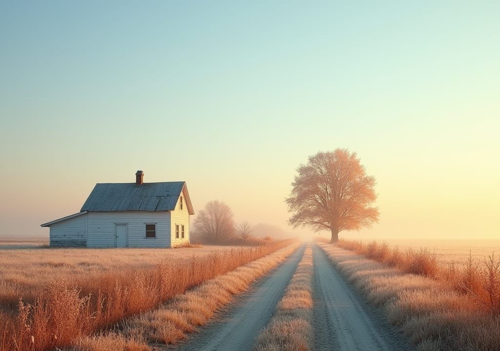 Frosty Farmhouse: Autumn Sunrise Landscape