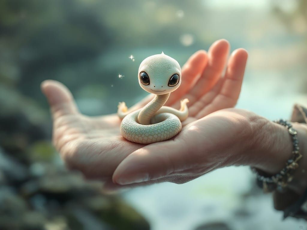 Chibi Alien Snake in Tranquil Lake Setting