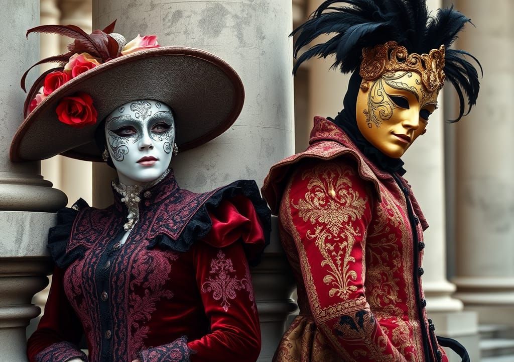 Elegant Figures in Venetian Masks and Vintage Attire