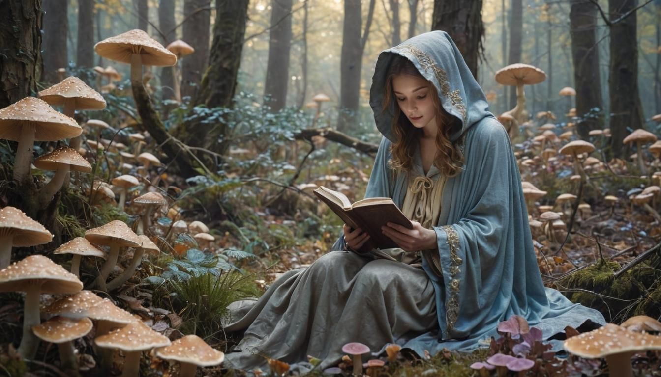 Ethereal Fantasy Figure Reads Book in Mystical Forest