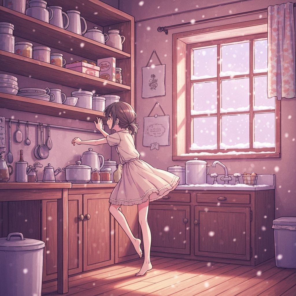 Anime Girl Reaches for Cookies in Snowy Kitchen