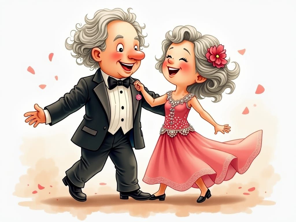 Elderly Couple Dancing in Watercolor Chibi Style