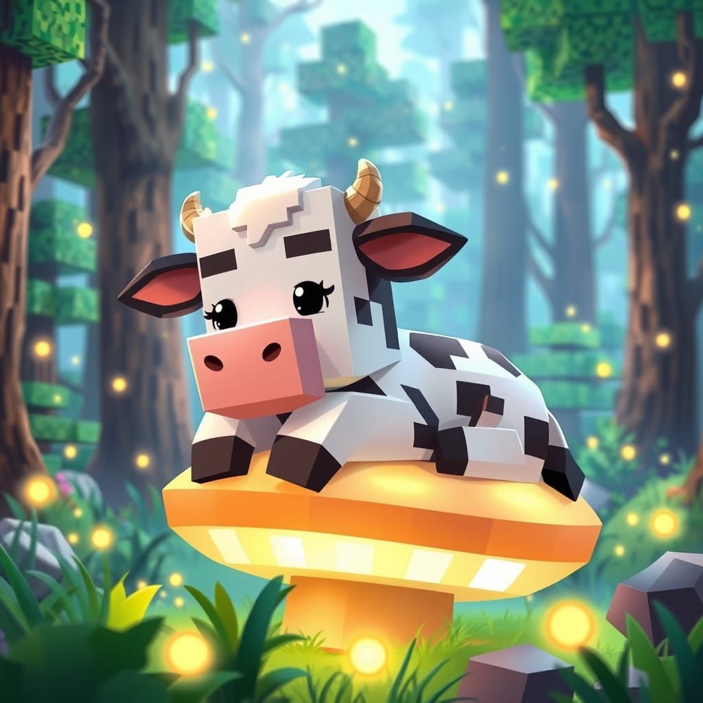 Serene Baby Minecraft Cow in Whimsical Blocky Style