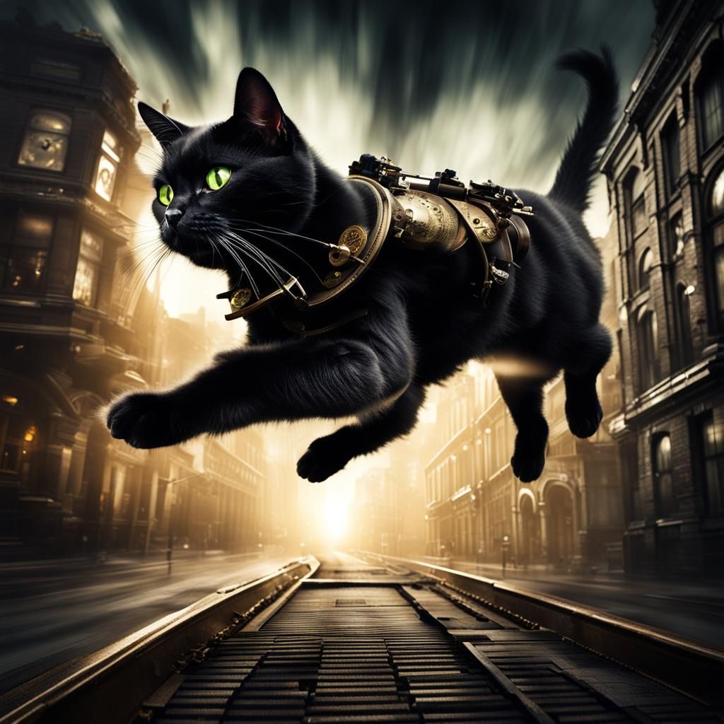 Steampunk Black Cat Leaping in Dark City
