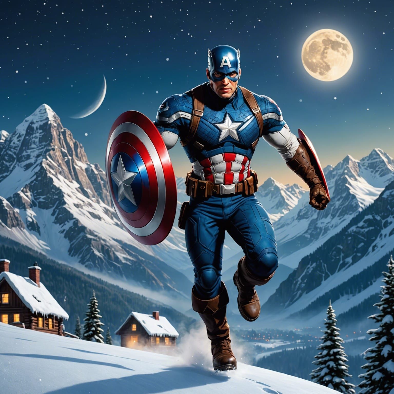 Captain America Soaring Over Snowy Peaks in Moonlight