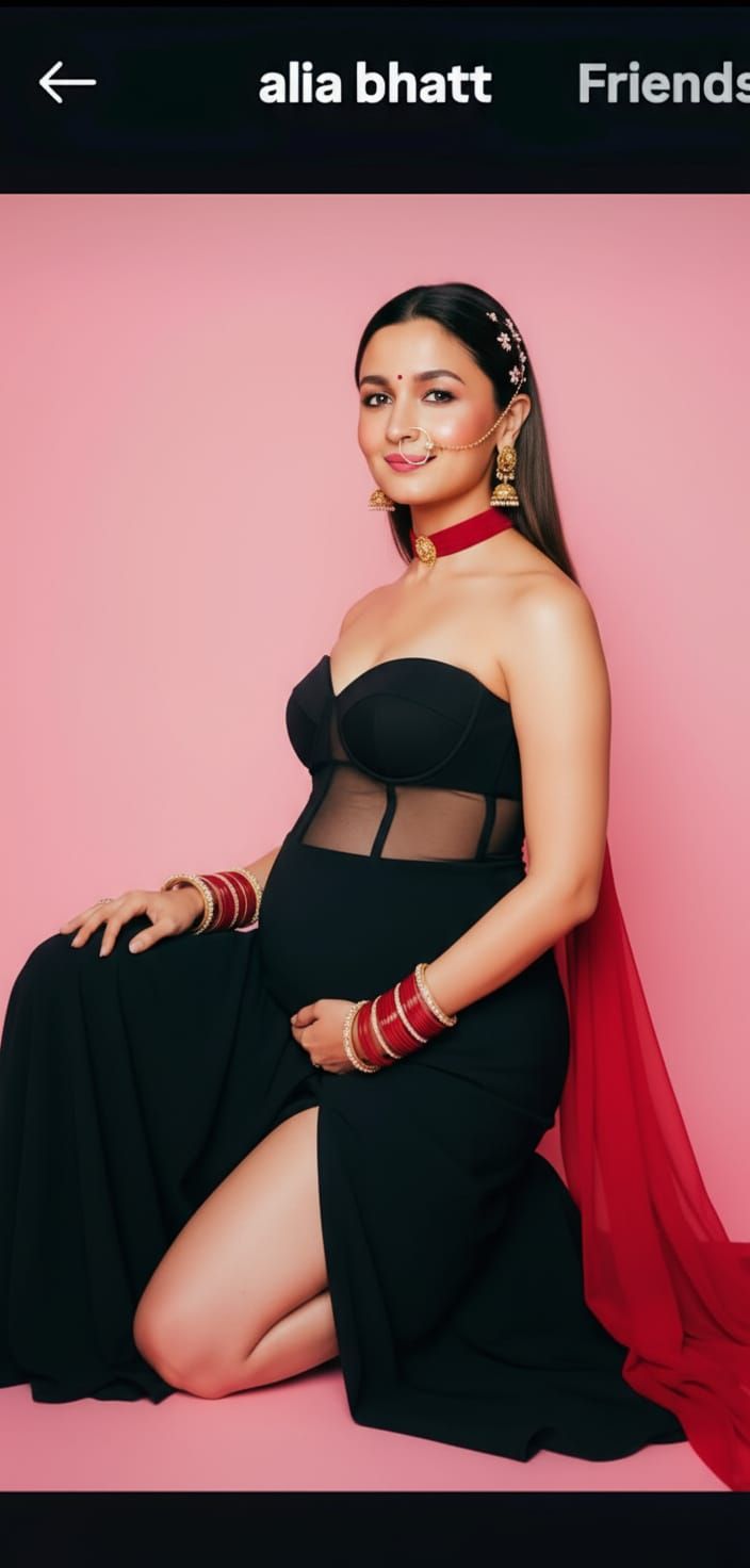 Pregnant Bride in Black Gown with Red Bridal Accents