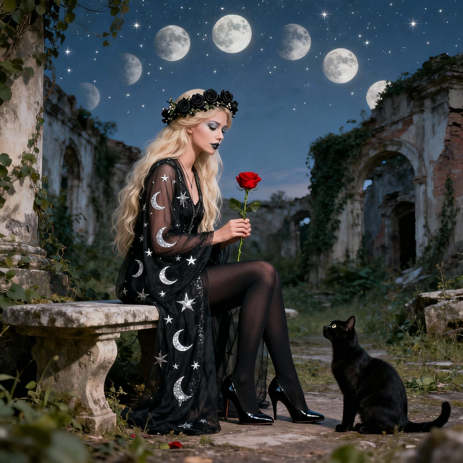 Goddess with Black Roses and Moon Robes