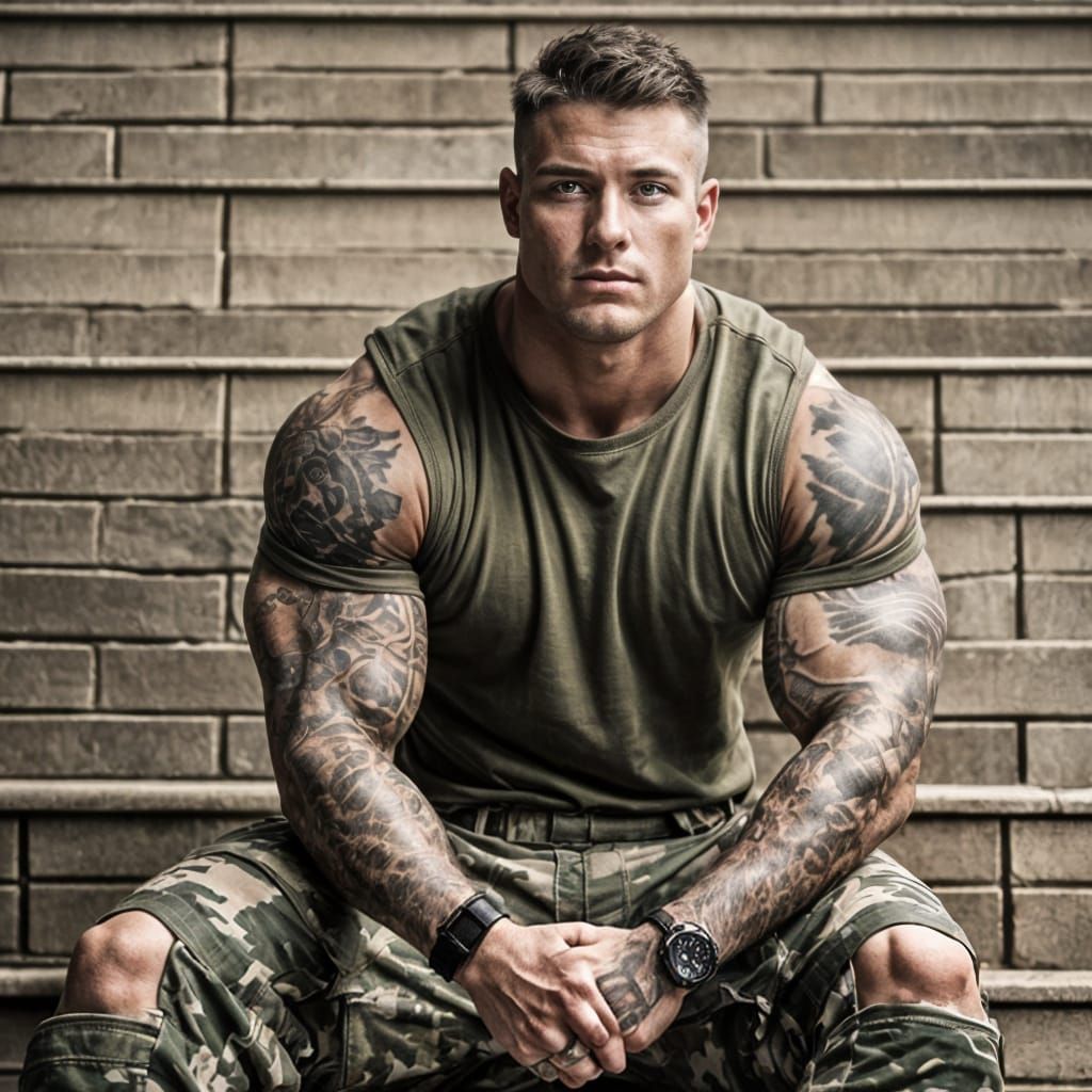 Tattooed Military Man with Muscular Physique