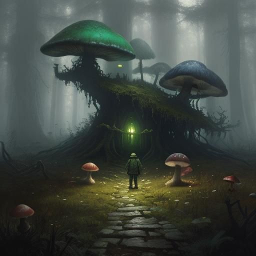 Enchanted Forest with Colorful Mushrooms in Dark Fantasy Sty...