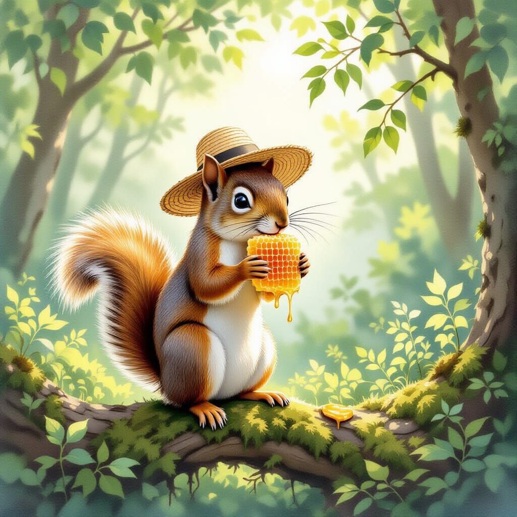 Squirrel with Honeycomb Hat in Sunlit Forest