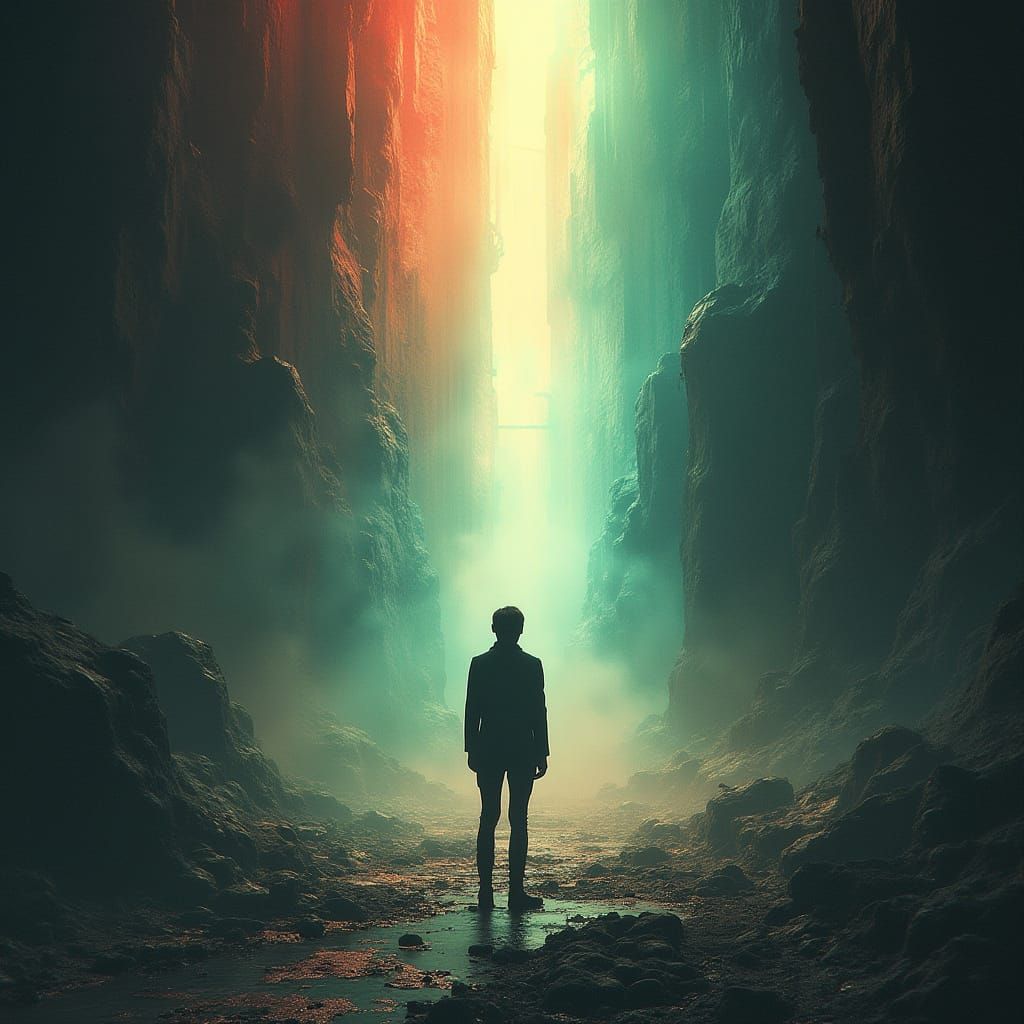 Stylized Figure at Threshold of Two Worlds