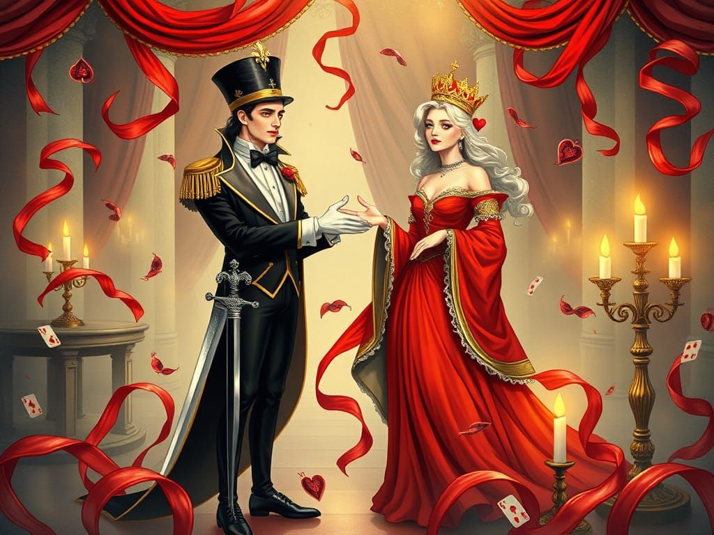 The King of Spades and Queen of Hearts in Whimsical Ballroom...