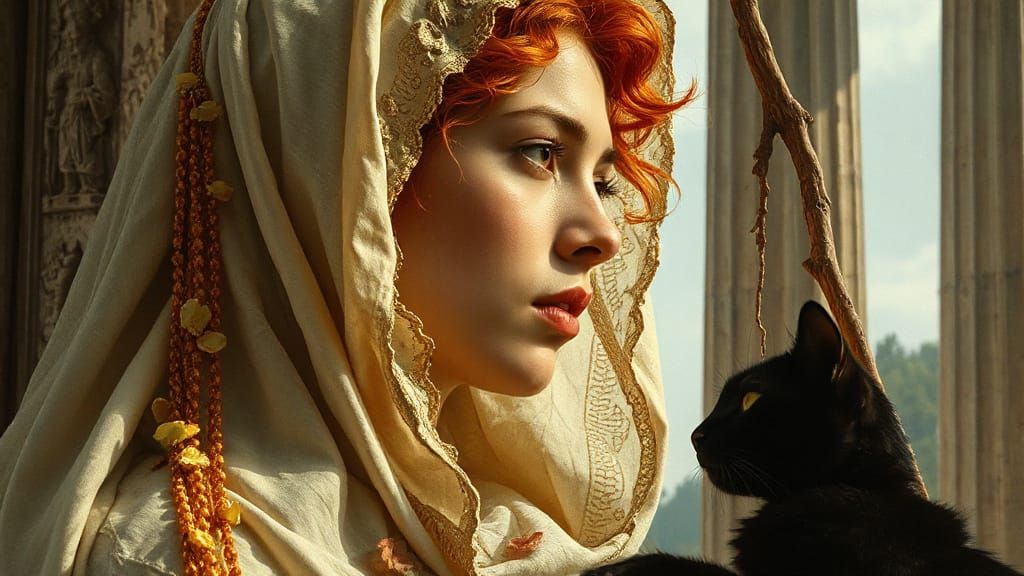 Battle Maiden with Crimson Hair and Black Cat