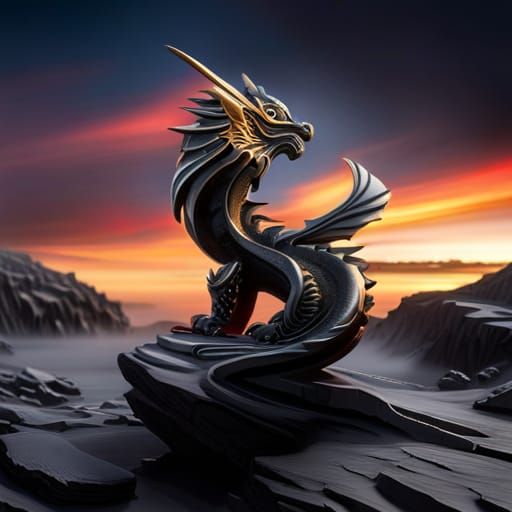 Obsidian Dragon with Golden Wings and Ruby Eyes