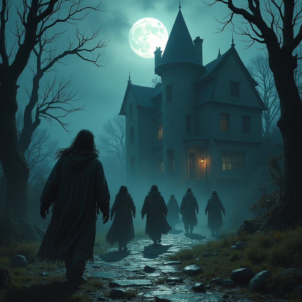 Frightened People Fleeing Haunted Mansion, Matte Painting