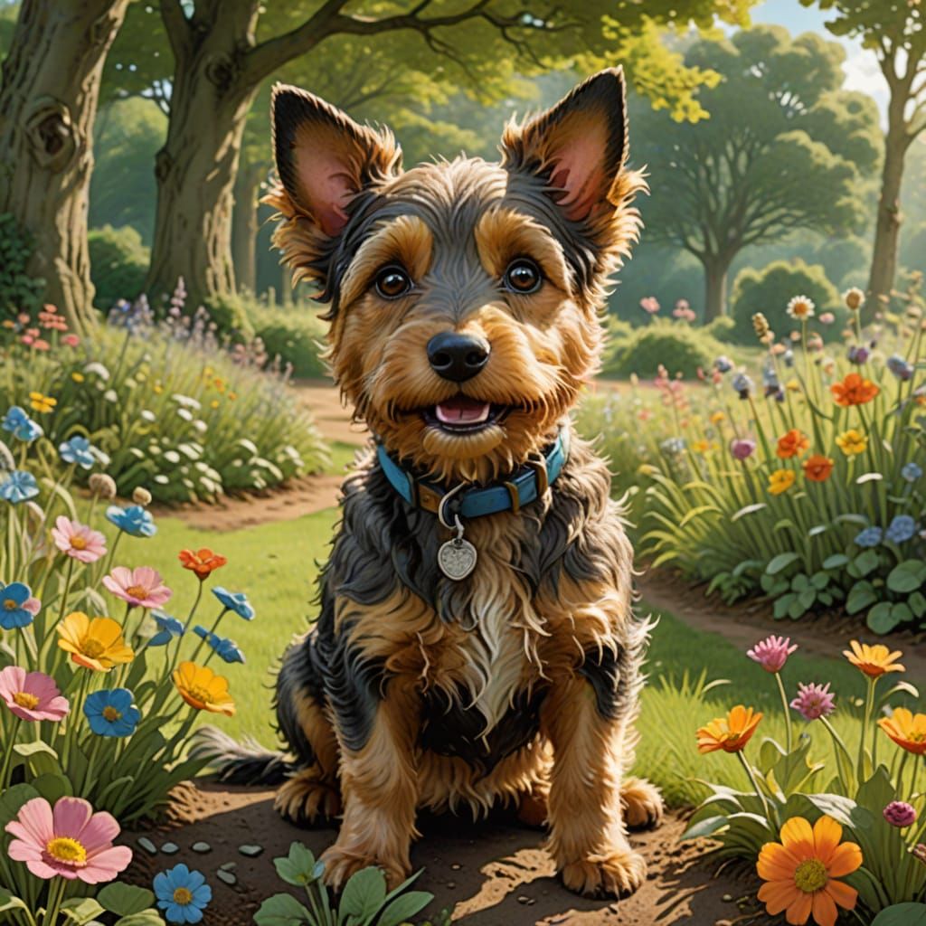 Vibrant Park Scene with Scruffy the Terrier