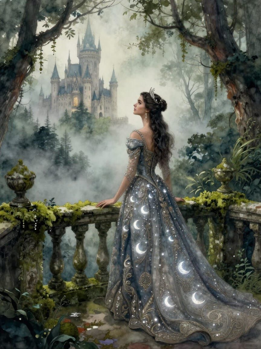 Majestic Queen Overlooking Ancient Forest in Fantasy Style