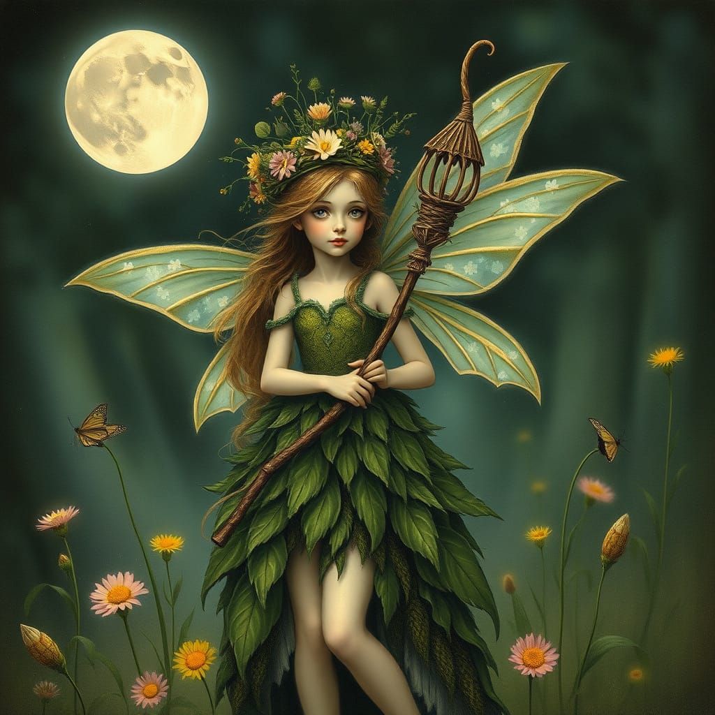 Fairy Forest Sprite with Flower Crown in Impressionistic Sty...