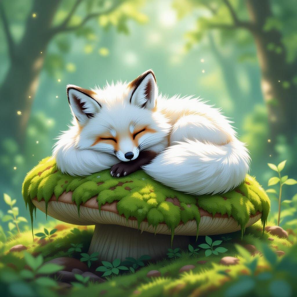Arctic Fox Asleep in Ghibli Forest Clearing