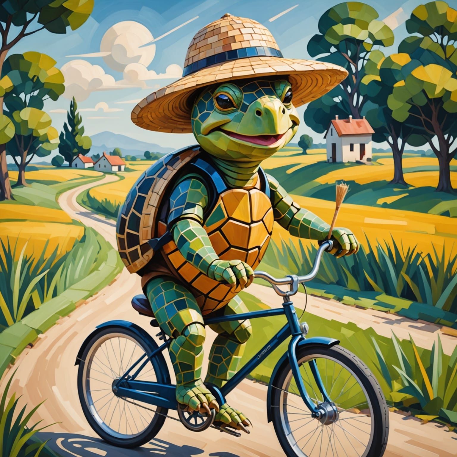 Realistic oil painting. Cubism.A smiling turtle with a straw hat riding a bicycle. She's riding through the countryside....