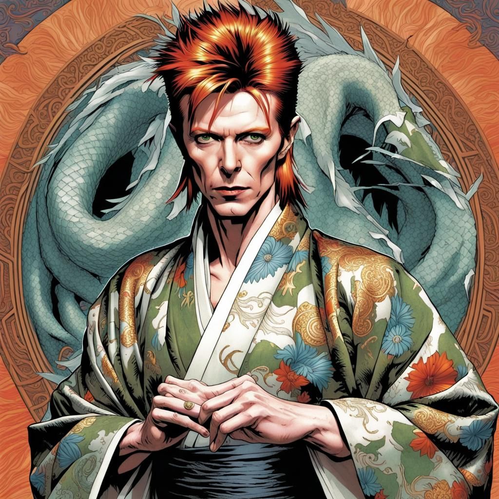 David Bowie wearing an intricate dragon kimono, rafeal albuquerque comic art, vertigo comics, the sandman from graphic ...