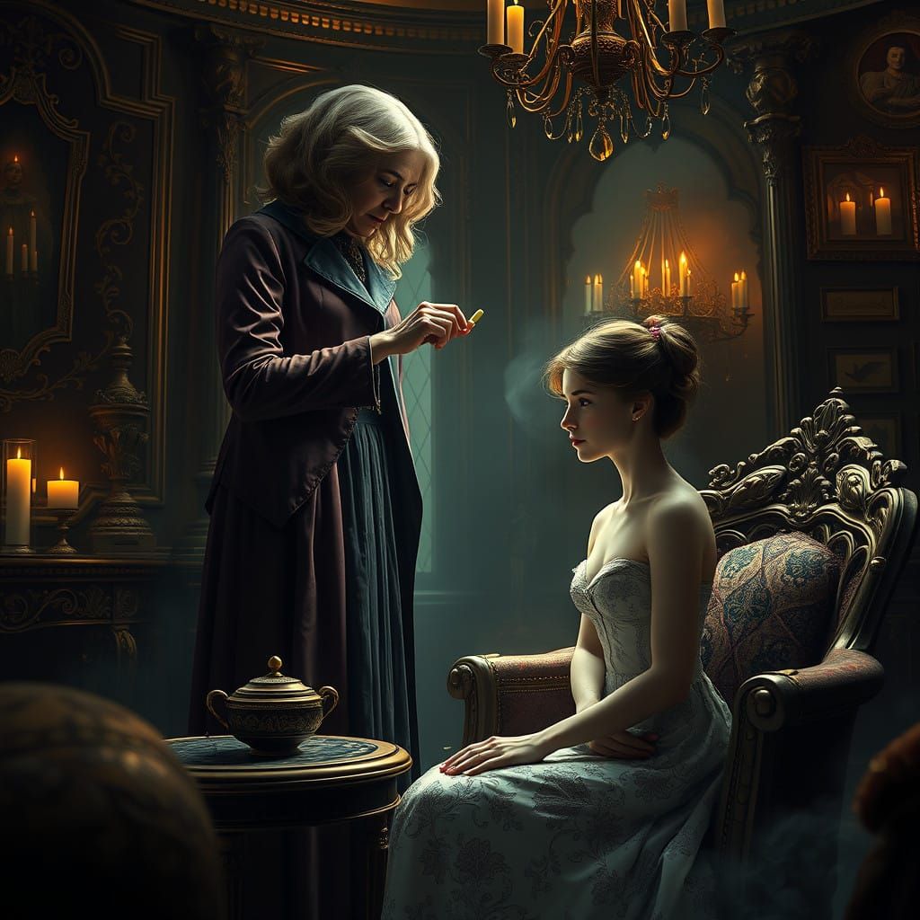 Maternal Figure Administers Healing in a Mystical Chamber