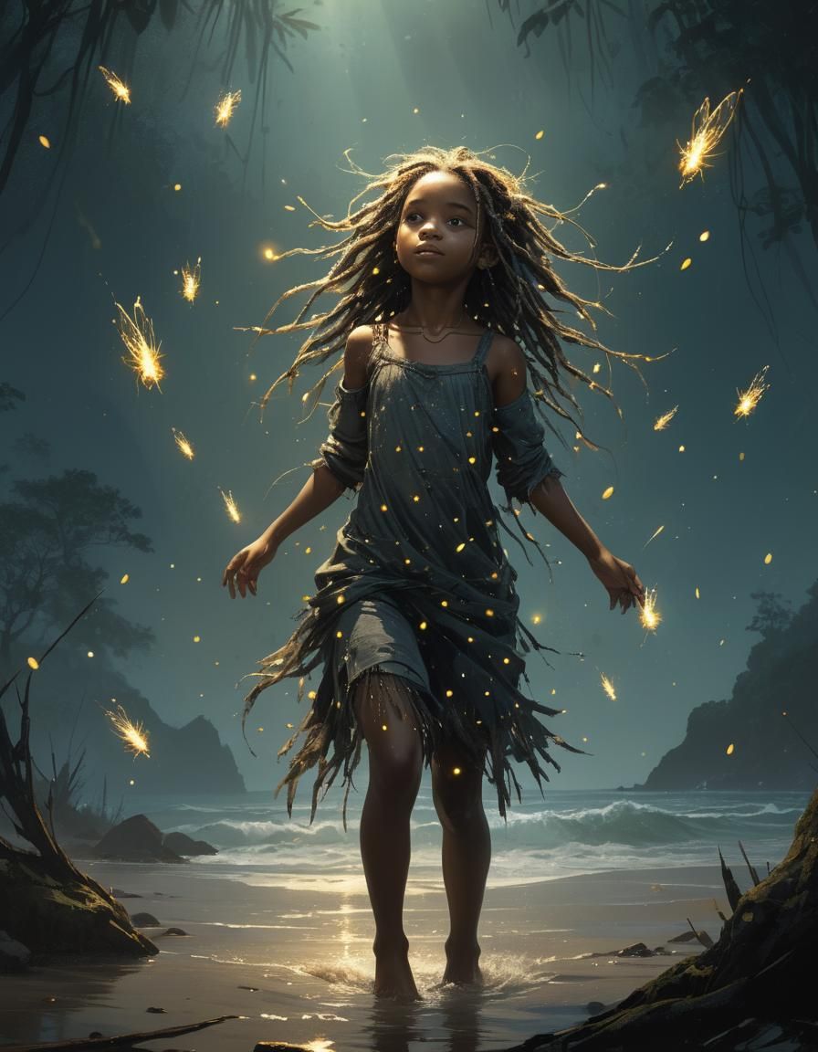 Ethereal Girl with Fireflies on Beach, Detailed Engraving
