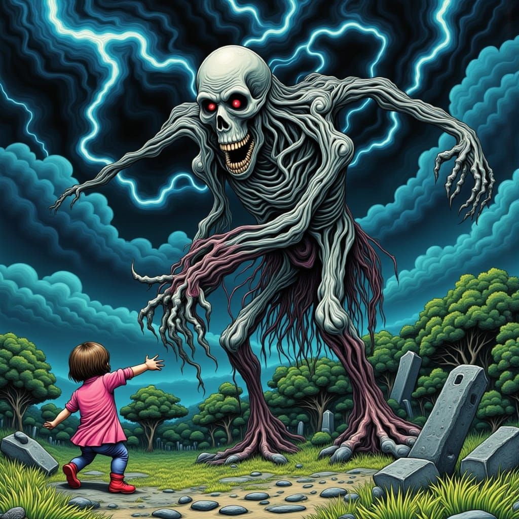 Giant Zombie Grabs Child in Midnight Cemetery Storm