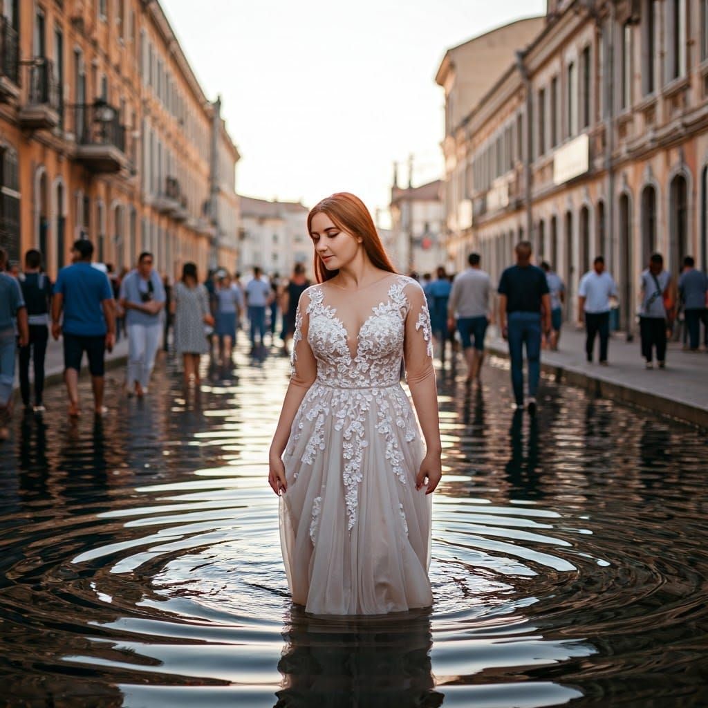 Central Asian Woman in Bridal Gown in City Waters