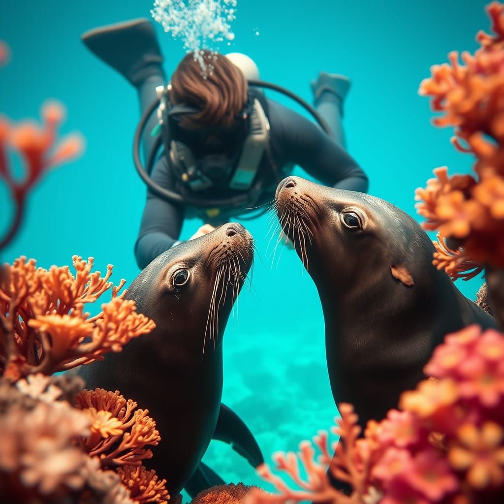 Diver and Seal Encounter in Caribbean Coral Reef
