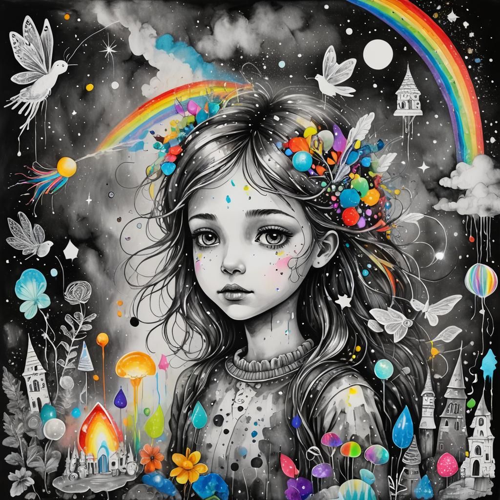 Dreamer: Surreal Child's Drawing with Rainbow Fairy