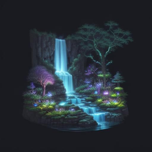 Bioluminescent Chibi Pony with Waterfall Garden